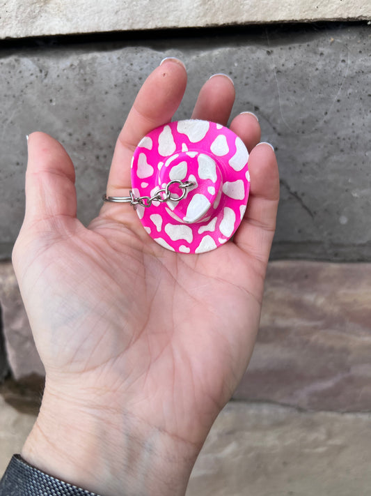 Hot Pink Cow Print Inspired Cowboy Discoball Keychain