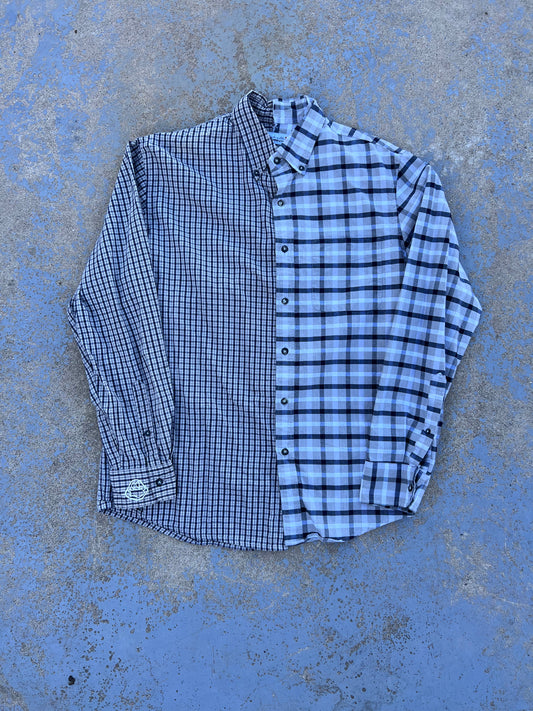 Two Tone Blue Plaid Half & Half Button Up Shirt
