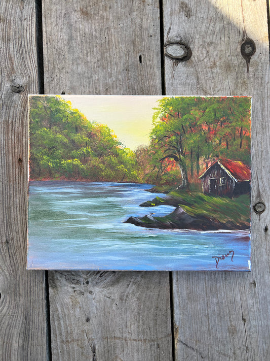 1:1 Hand Painted Cabin on a Lake Scene