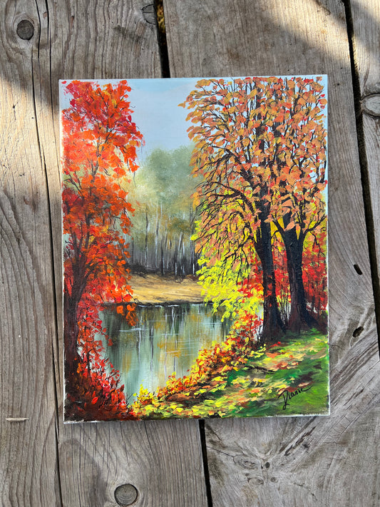 1:1 Hand Painted Fall Tree + Water Nature Scene