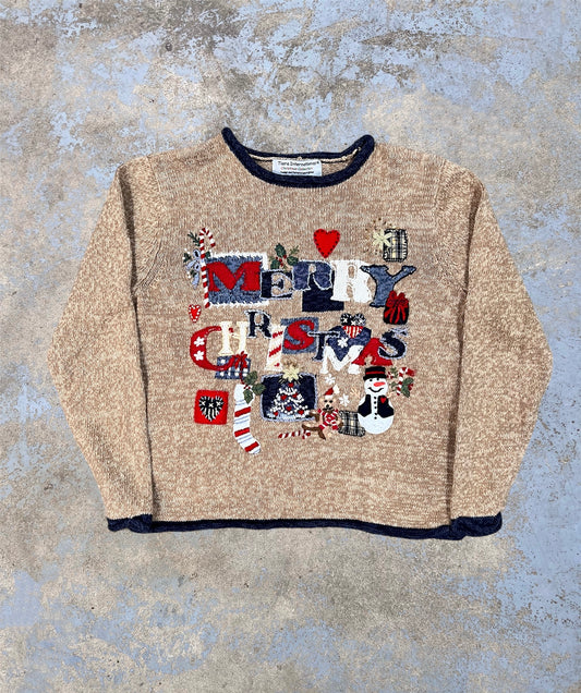 Vintage Merry Christmas Patchwork Knit Holiday Sweater