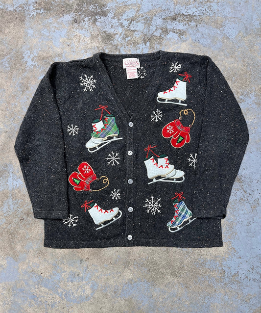 Vintage Embroidered Ice Skate & Mitten Holiday Themed Knit Cardigan