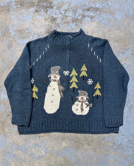 Vintage Quarter Zip Knit Snowman Sweater