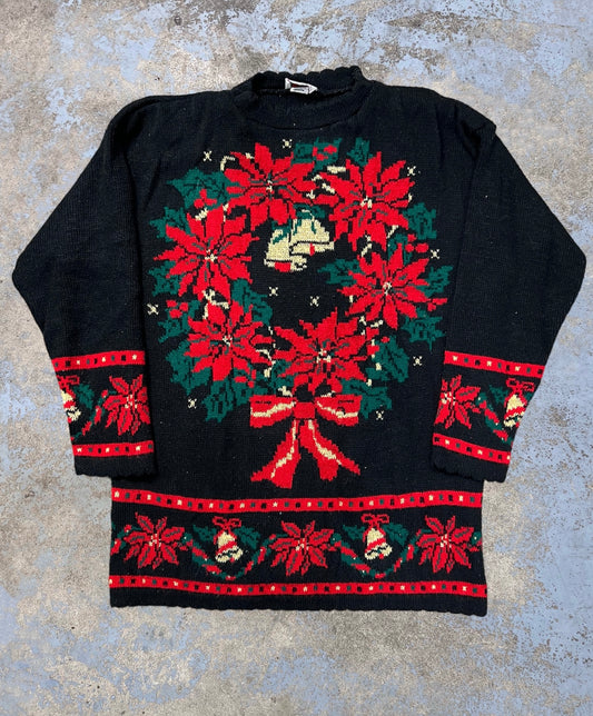Vintage Poinsettia Wreath Knit Mock Neck Holiday Themed Sweater