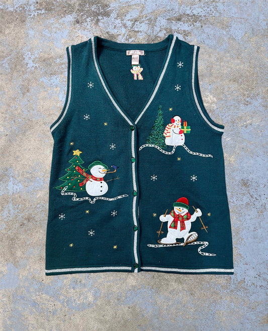 Vintage Embroidered Holiday Skiing Snowmen Themed Vest