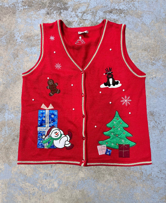 Vintage Embroidered Snowman & Friends Holiday Themed Vest