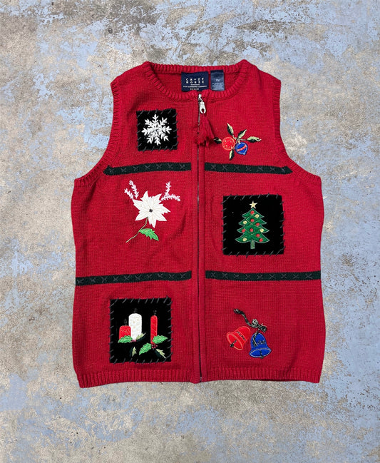Vintage Embroidered Holiday Patchwork Themed Zip Up Knit Vest