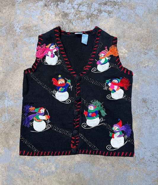 Vintage Holiday Embroidered Skiing Snowmen Knit Button Up Vest