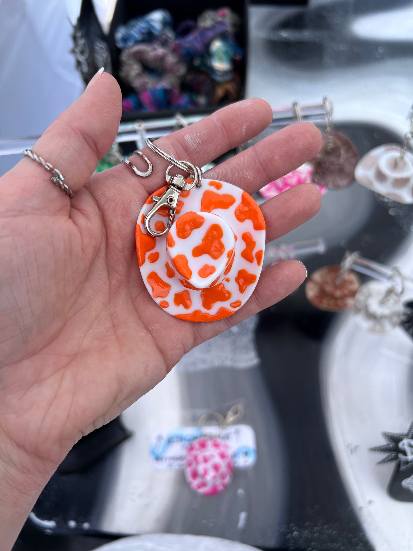 Cow Print Cowboy Hat Keychain (ORANGE)