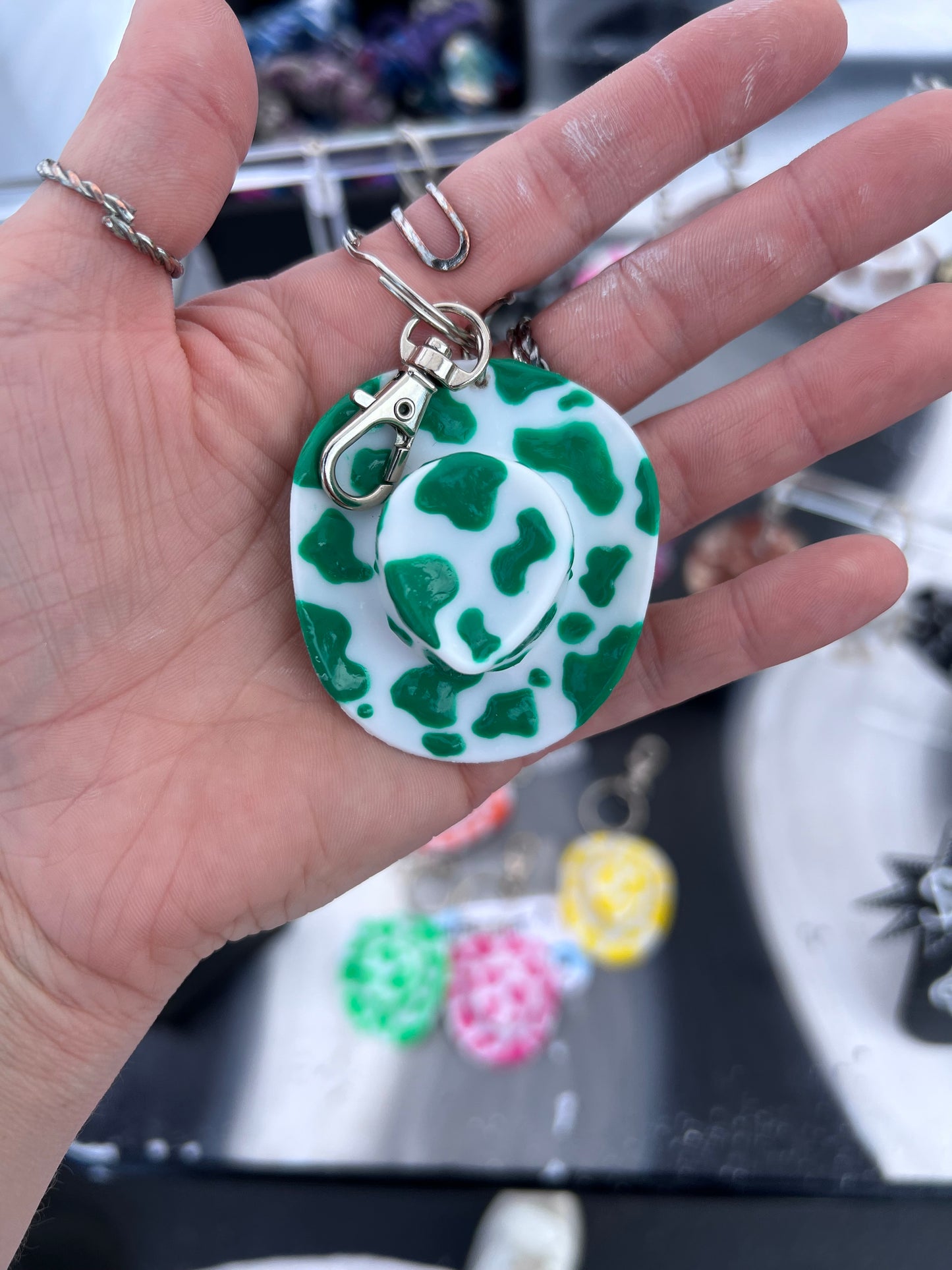 Cow Print Cowboy Hat Keychain (GREEN)