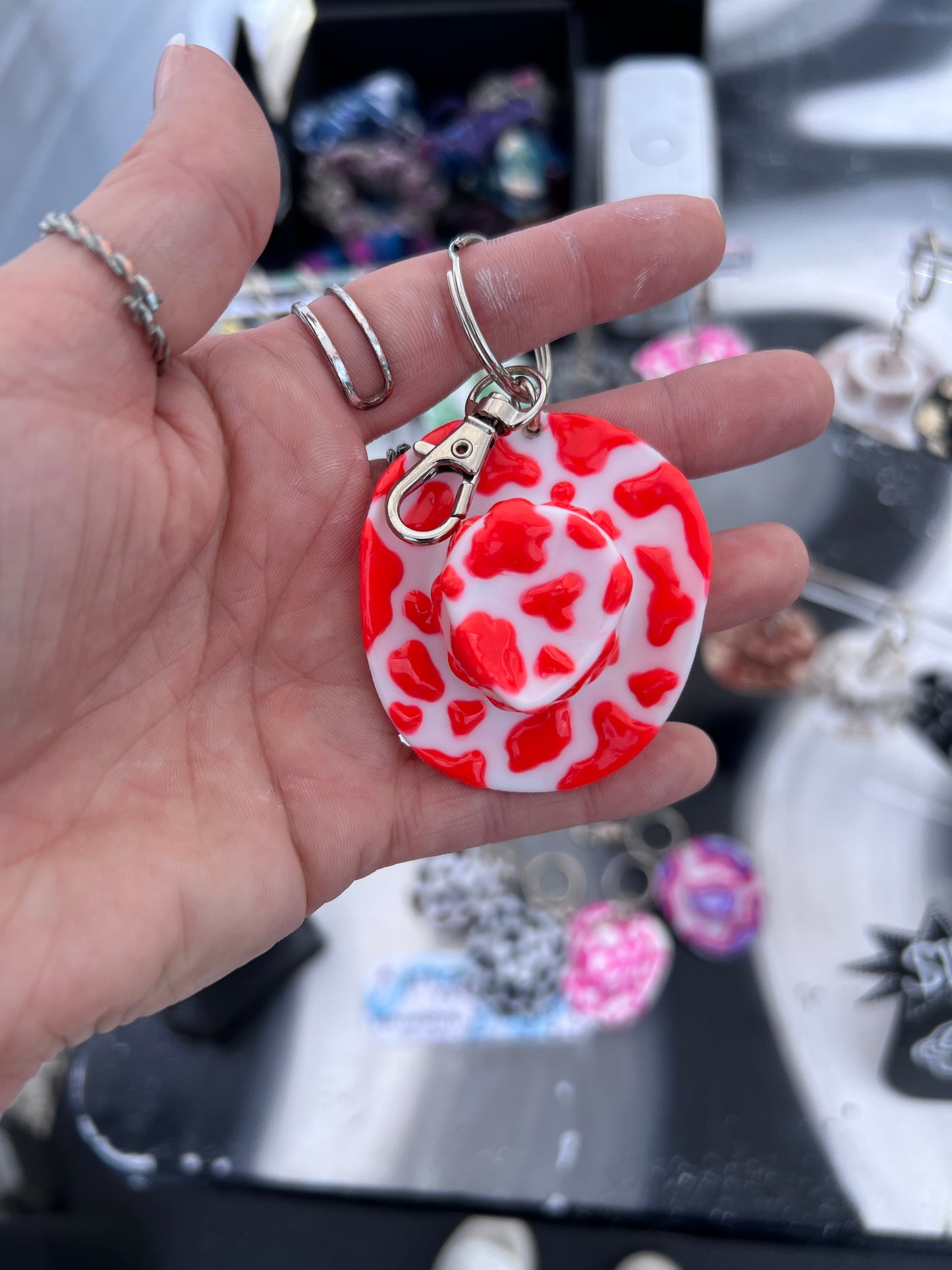 Cow Print Cowboy Hat Keychain (RED)