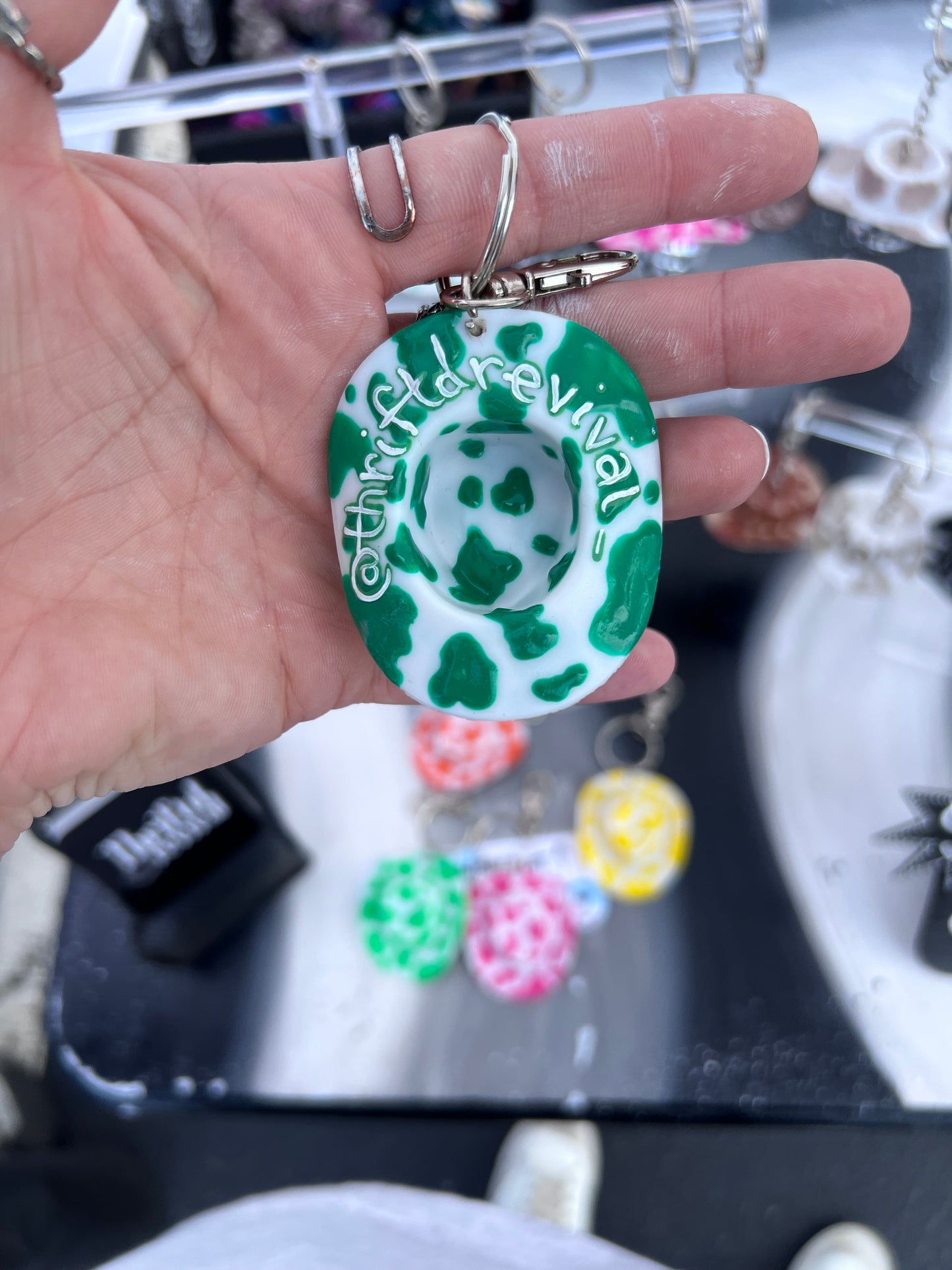 Cow Print Cowboy Hat Keychain (GREEN)