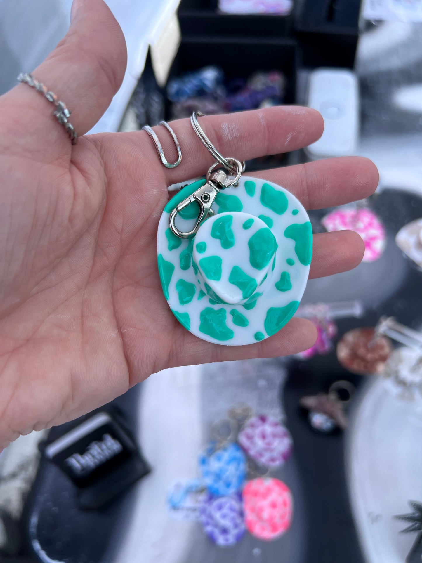 Cow Print Cowboy Hat Keychain (SAGE GREEN)