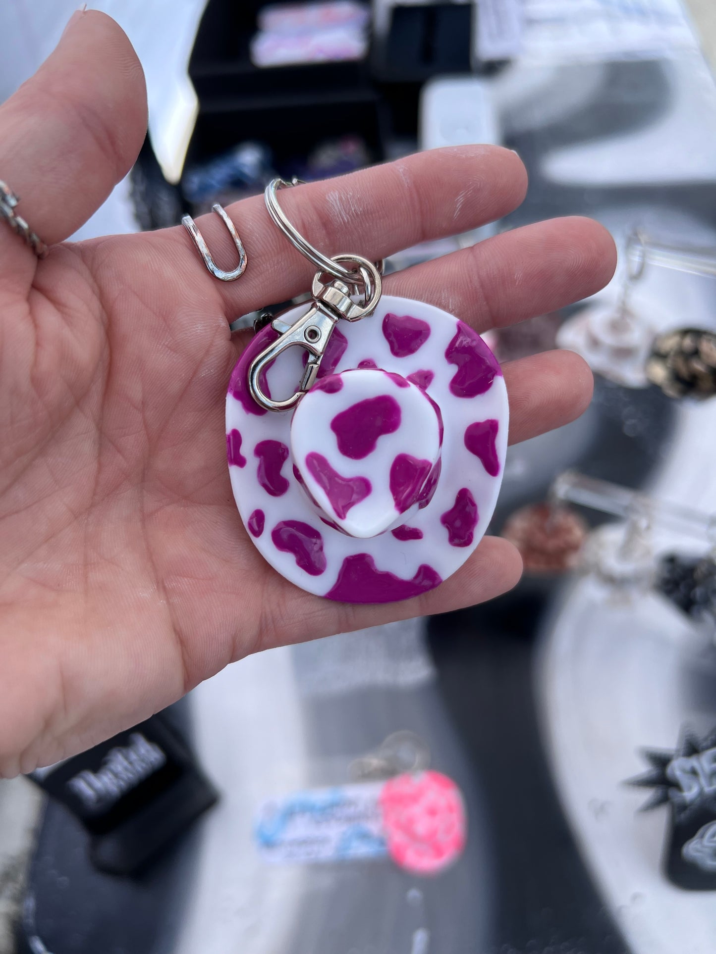 Cow Print Cowboy Hat Keychain (MAGENTA)