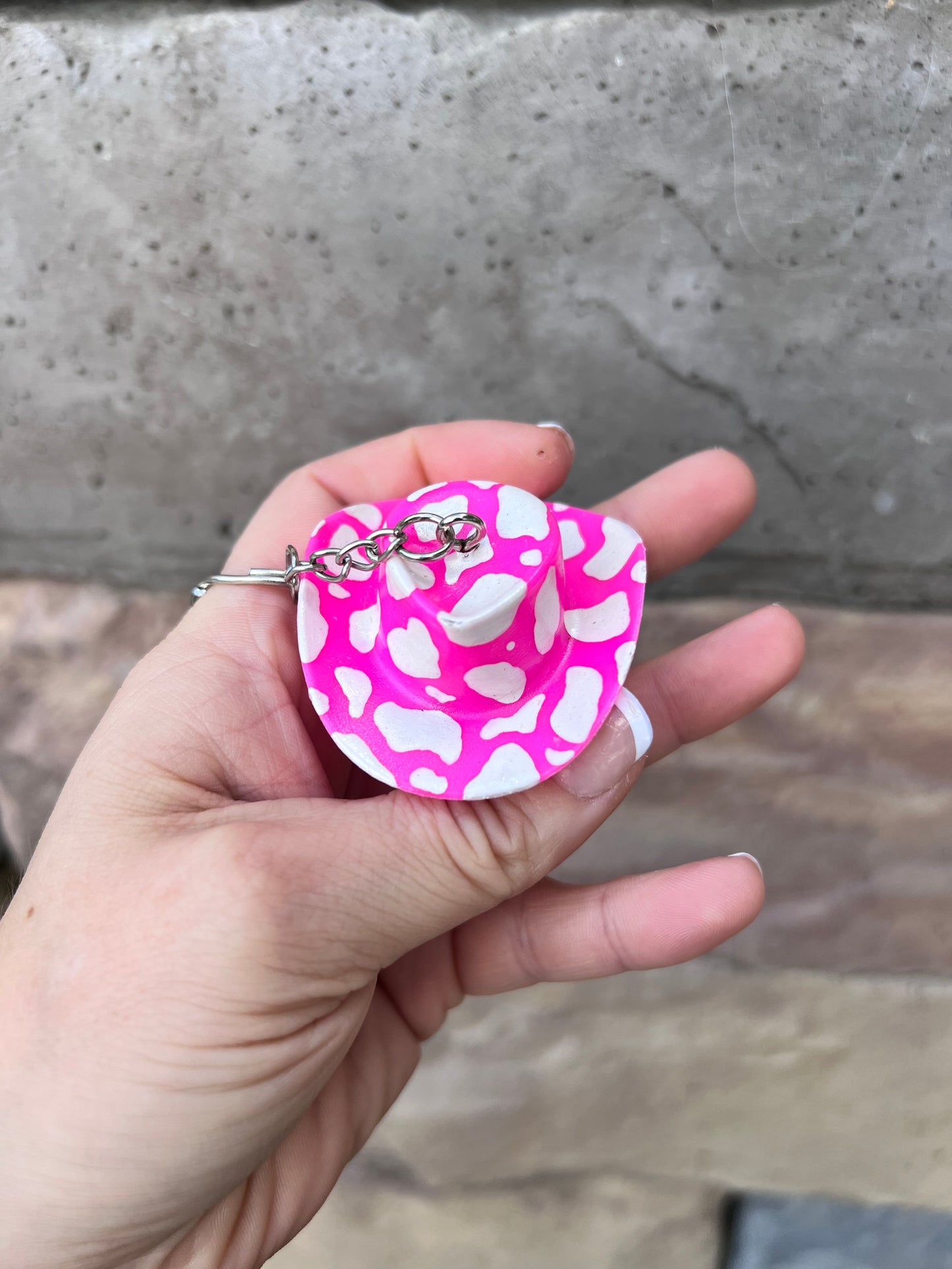 Hot Pink Cow Print Inspired Cowboy Discoball Keychain