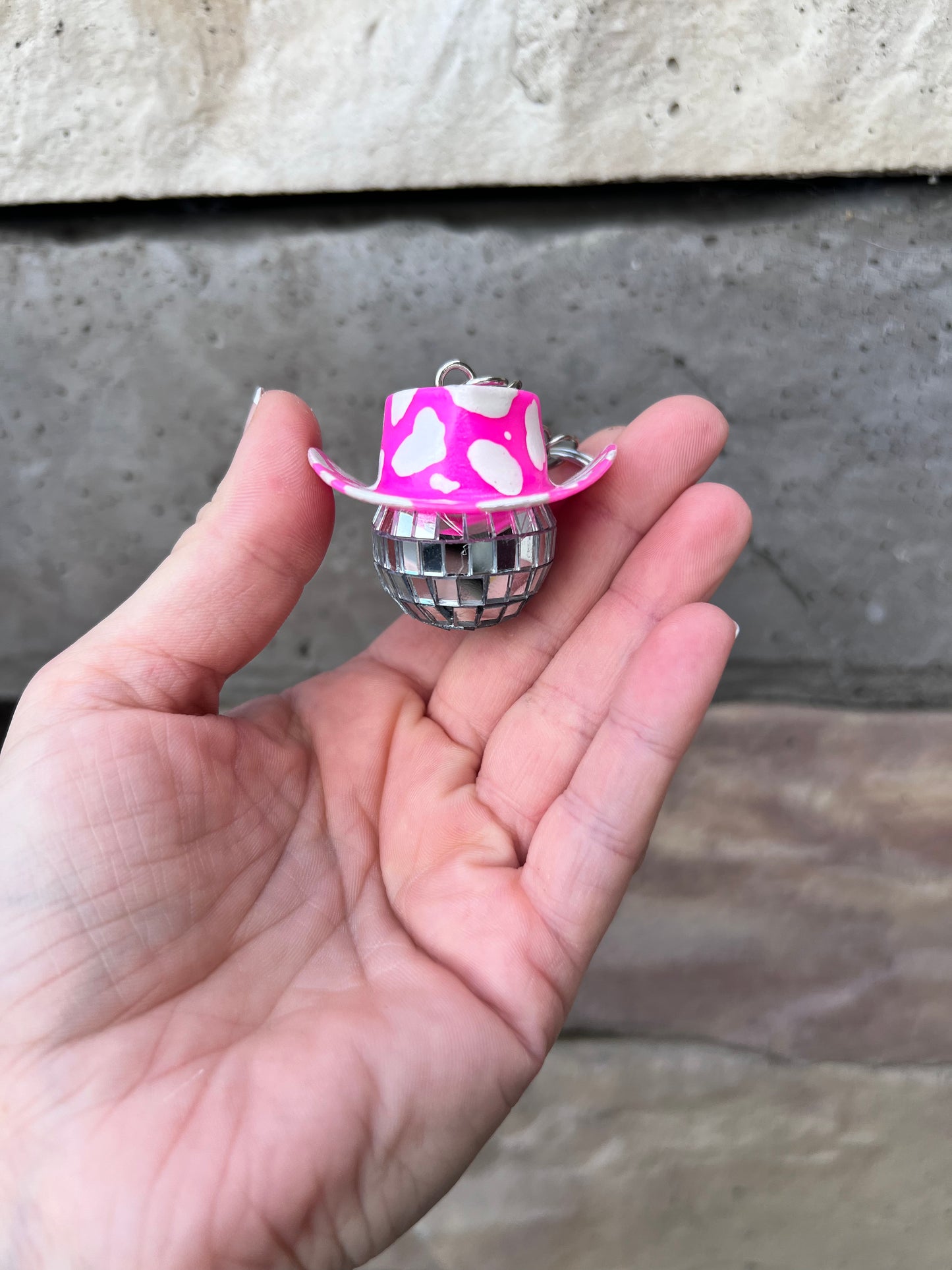 Hot Pink Cow Print Inspired Cowboy Discoball Keychain