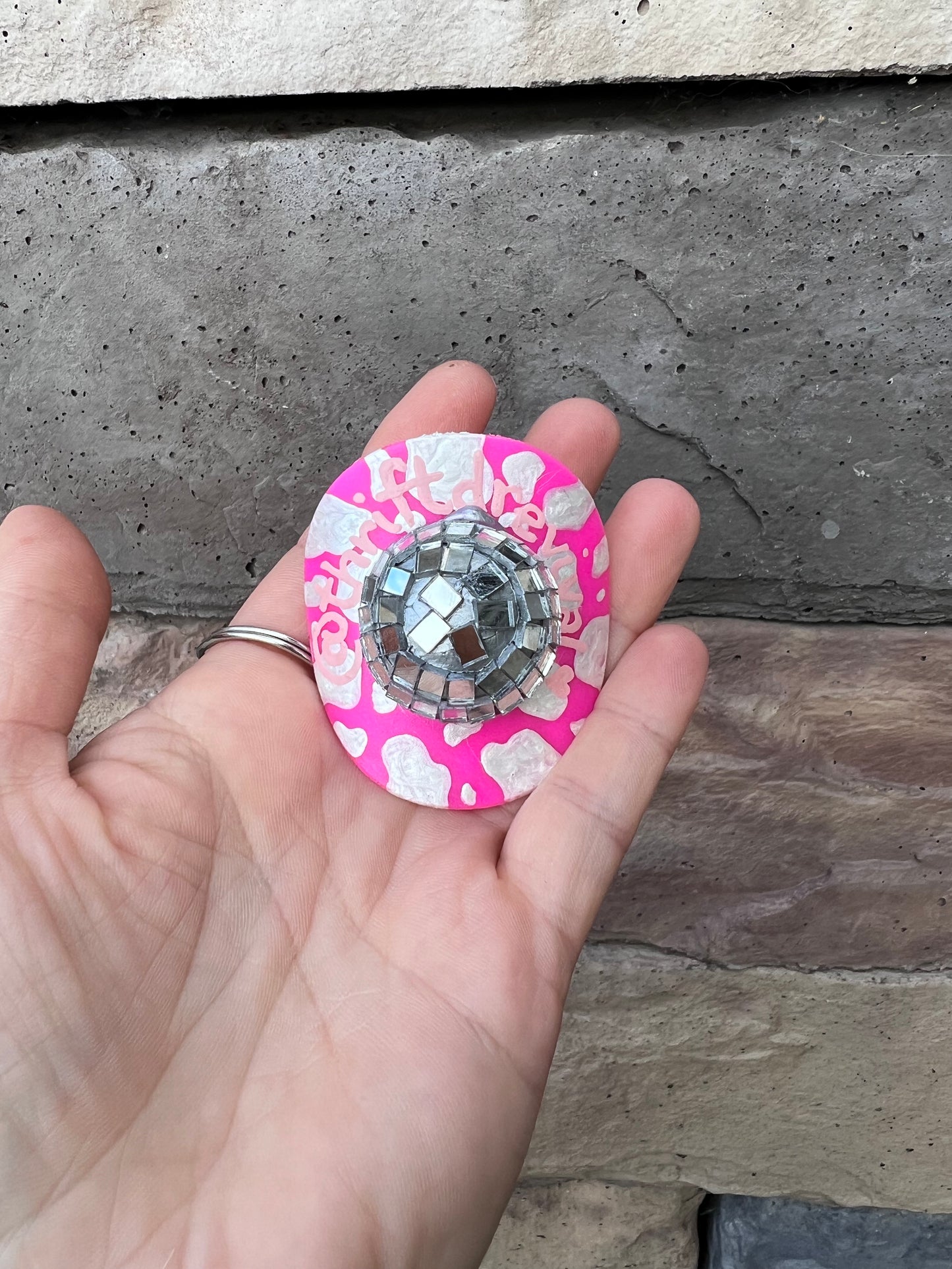 Hot Pink Cow Print Inspired Cowboy Discoball Keychain