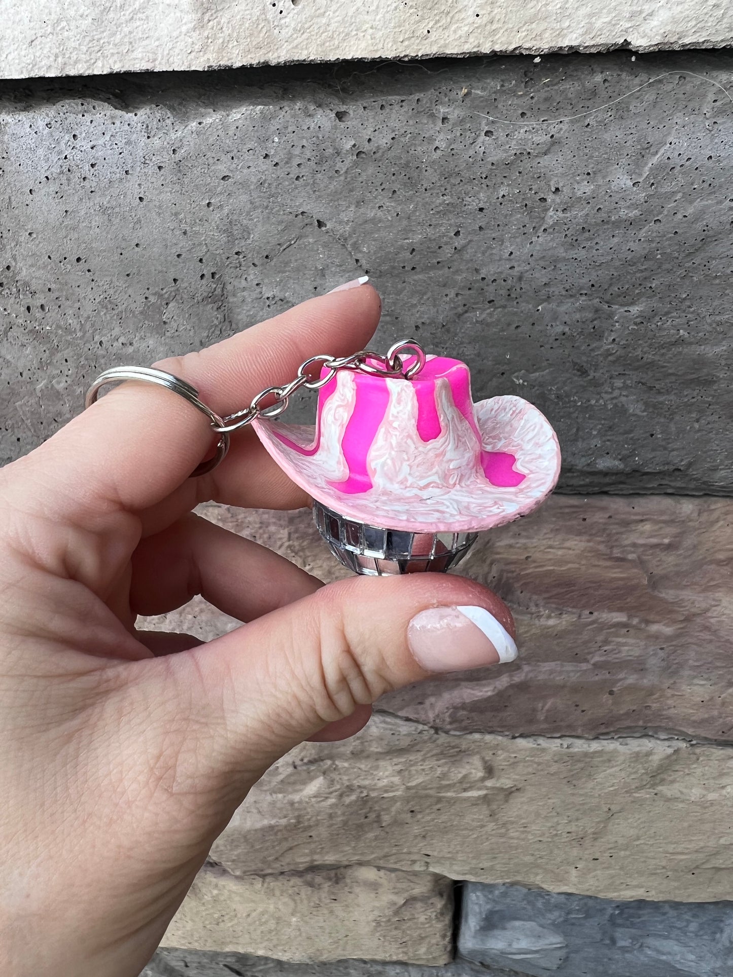 Crackled Pink Flames Inspired Cowboy Discoball Keychain