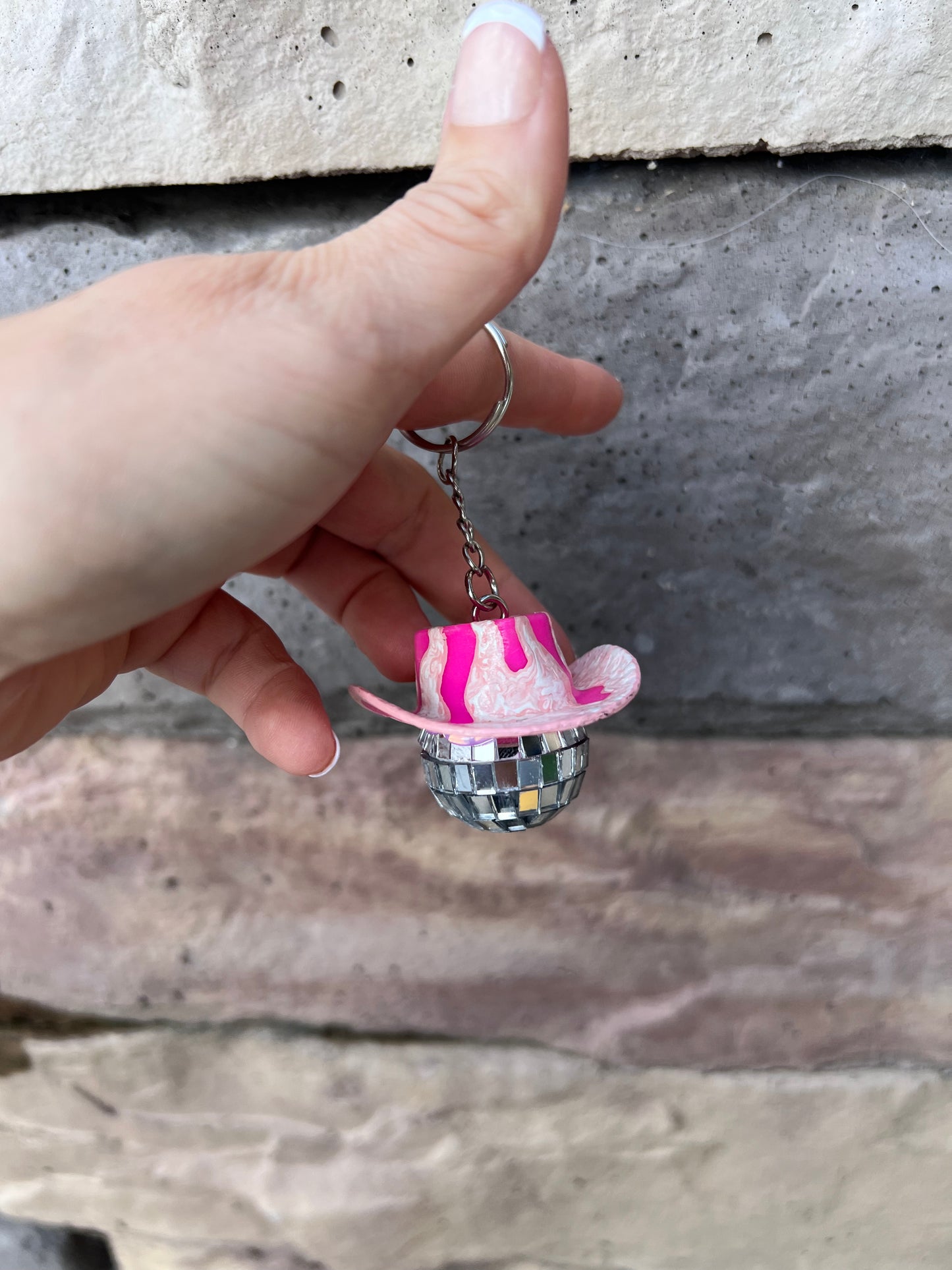 Crackled Pink Flames Inspired Cowboy Discoball Keychain