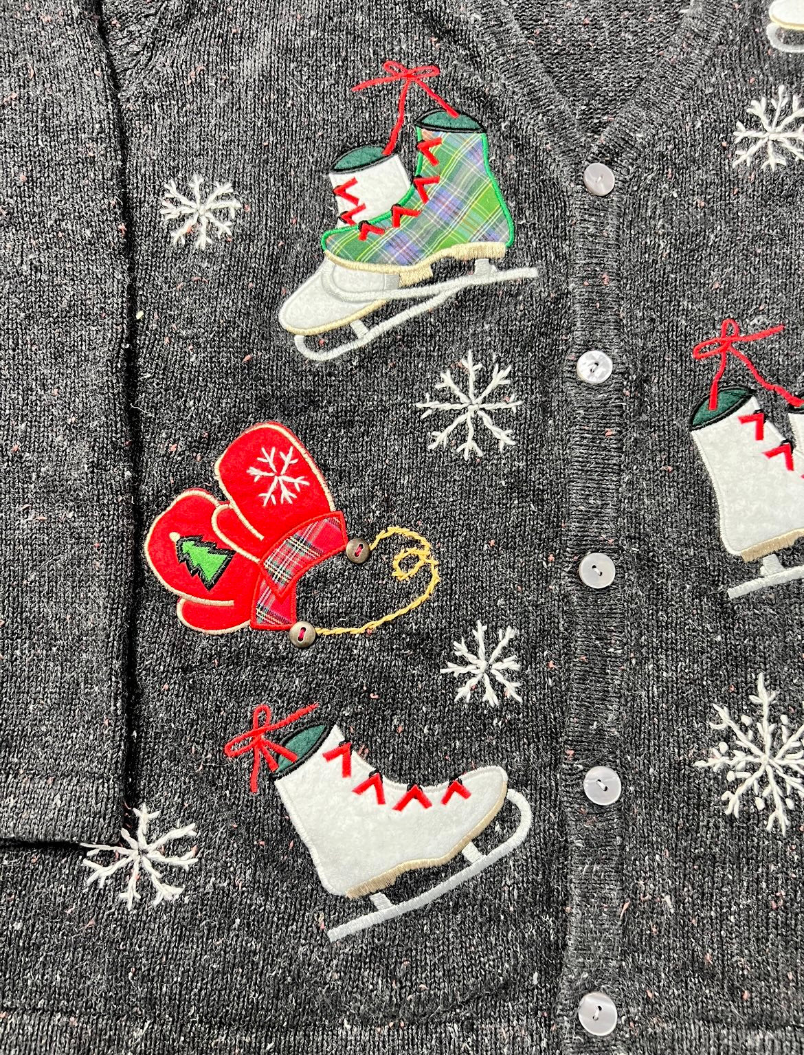 Vintage Embroidered Ice Skate & Mitten Holiday Themed Knit Cardigan