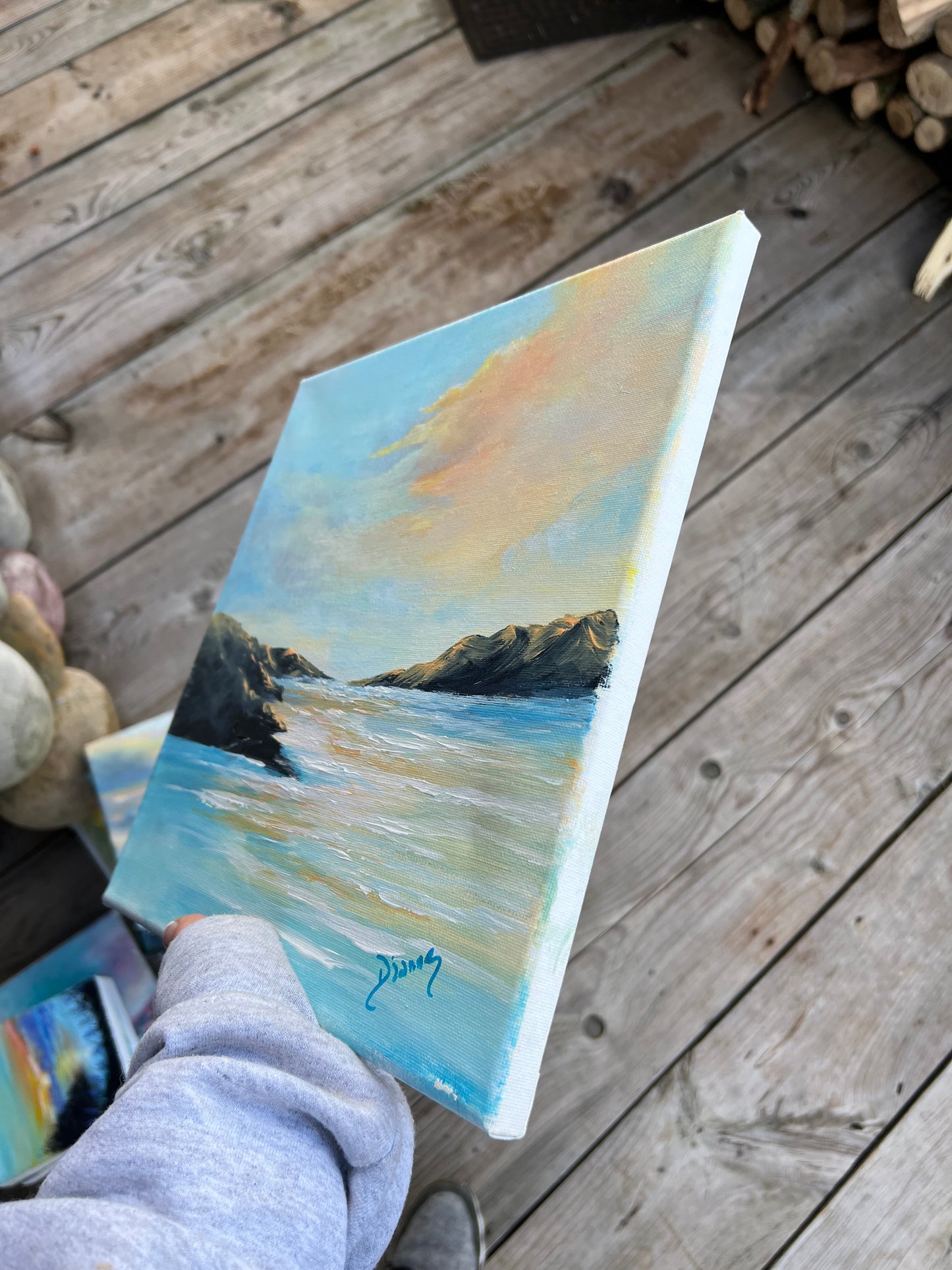 1:1 Hand Painted Mountain Beach Scene