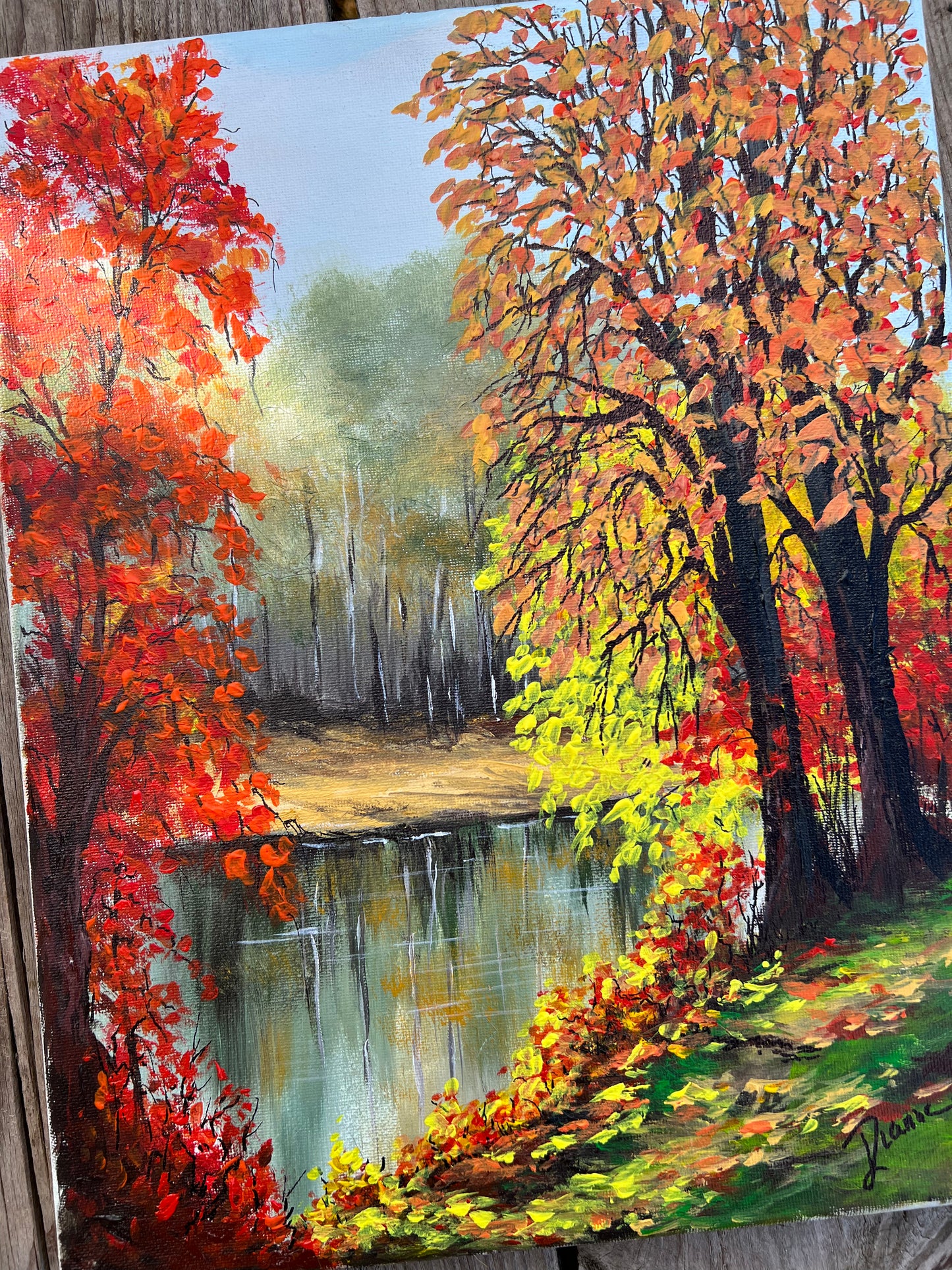 1:1 Hand Painted Fall Tree + Water Nature Scene