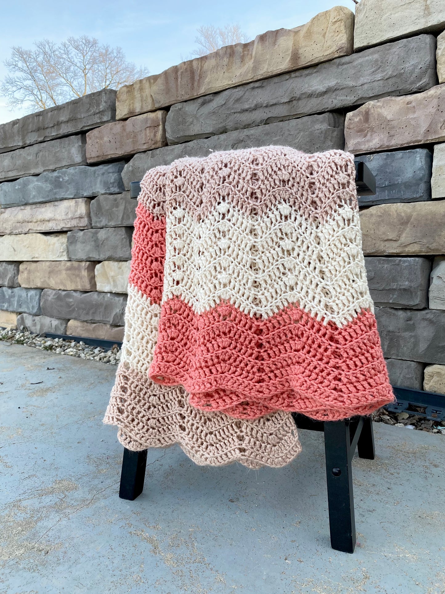 Vintage Crocheted 3 Tone Throw Blanket