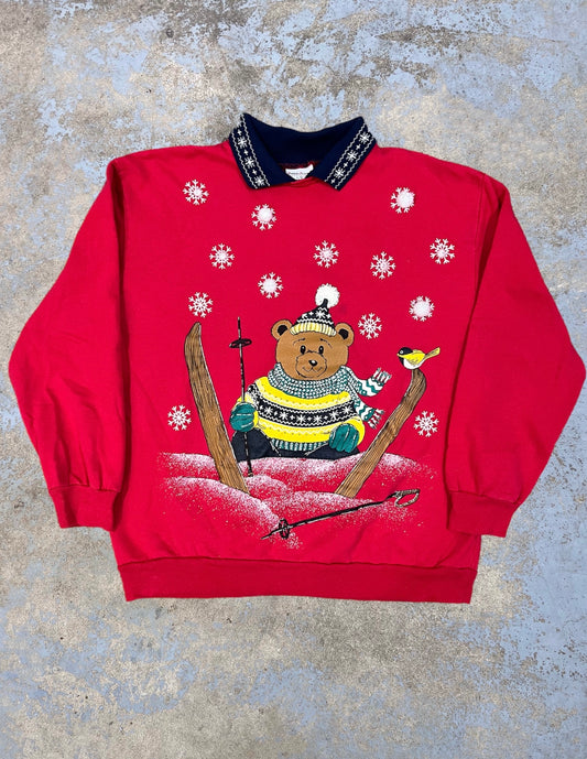 Vintage Collared Skiing Bear Holiday Crewneck