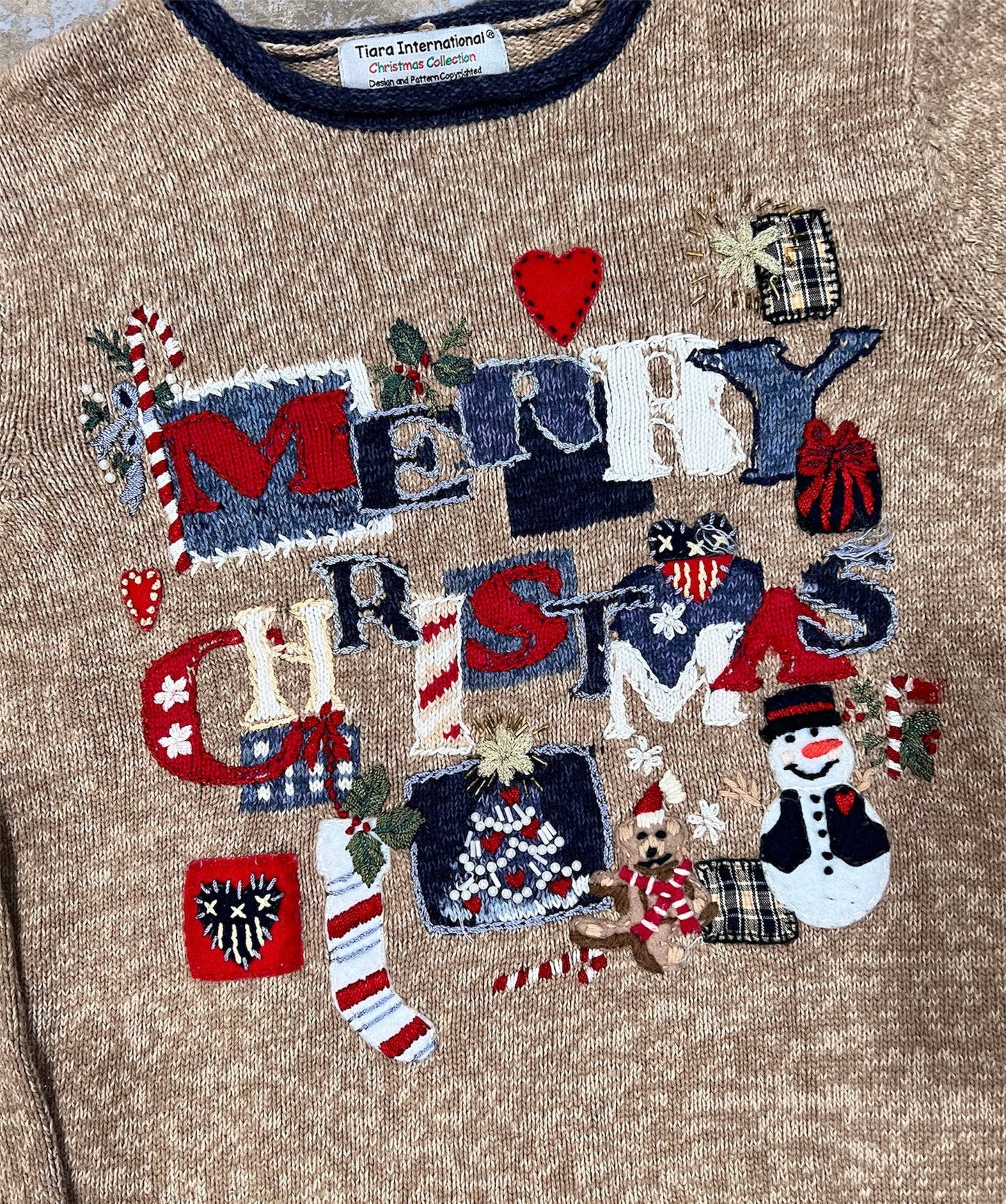 Vintage Merry Christmas Patchwork Knit Holiday Sweater