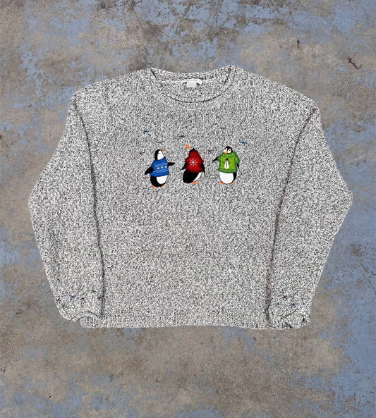 Vintage Embroidered Holiday Penquins Mock Neck Knit Sweater