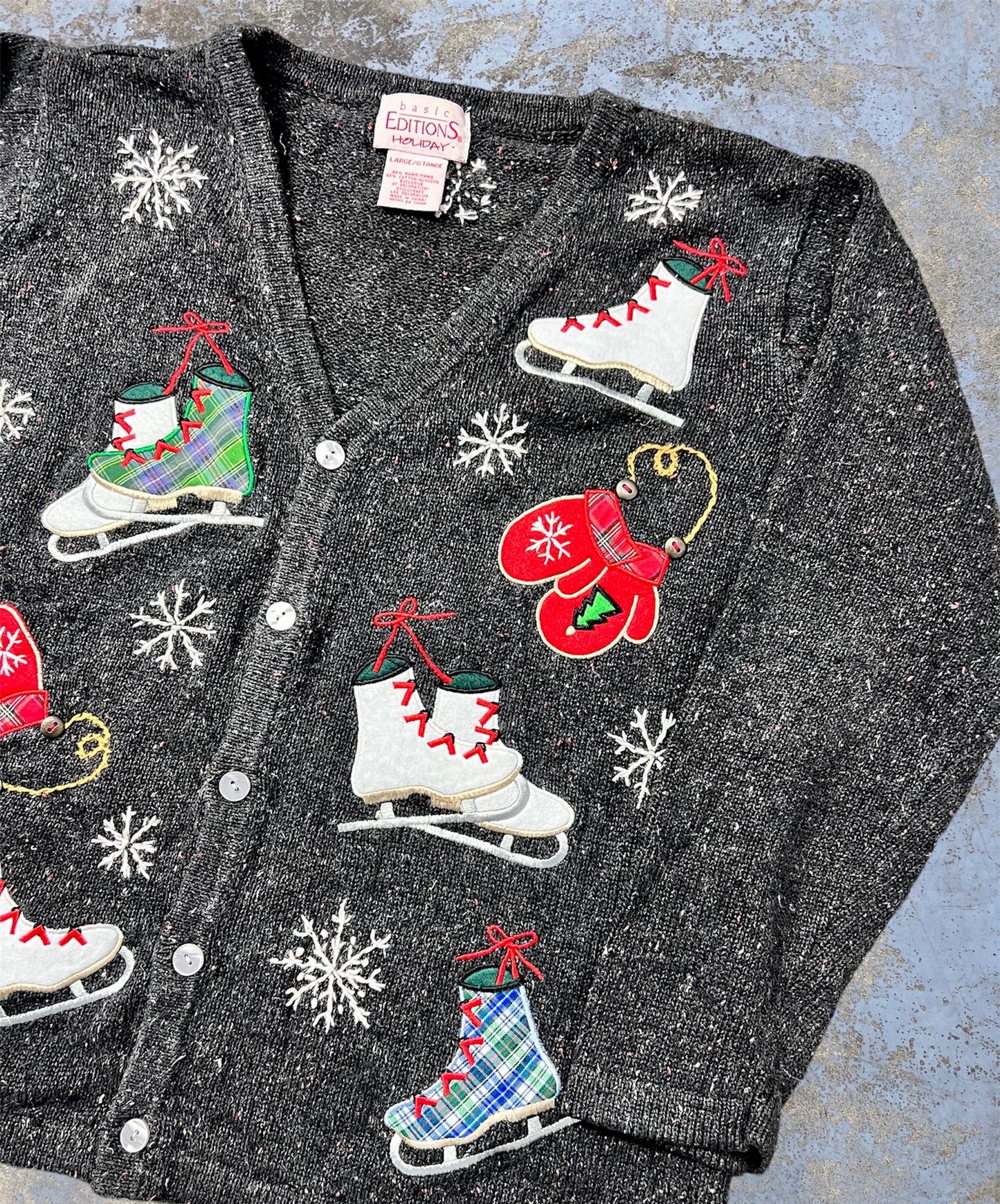 Vintage Embroidered Ice Skate & Mitten Holiday Themed Knit Cardigan