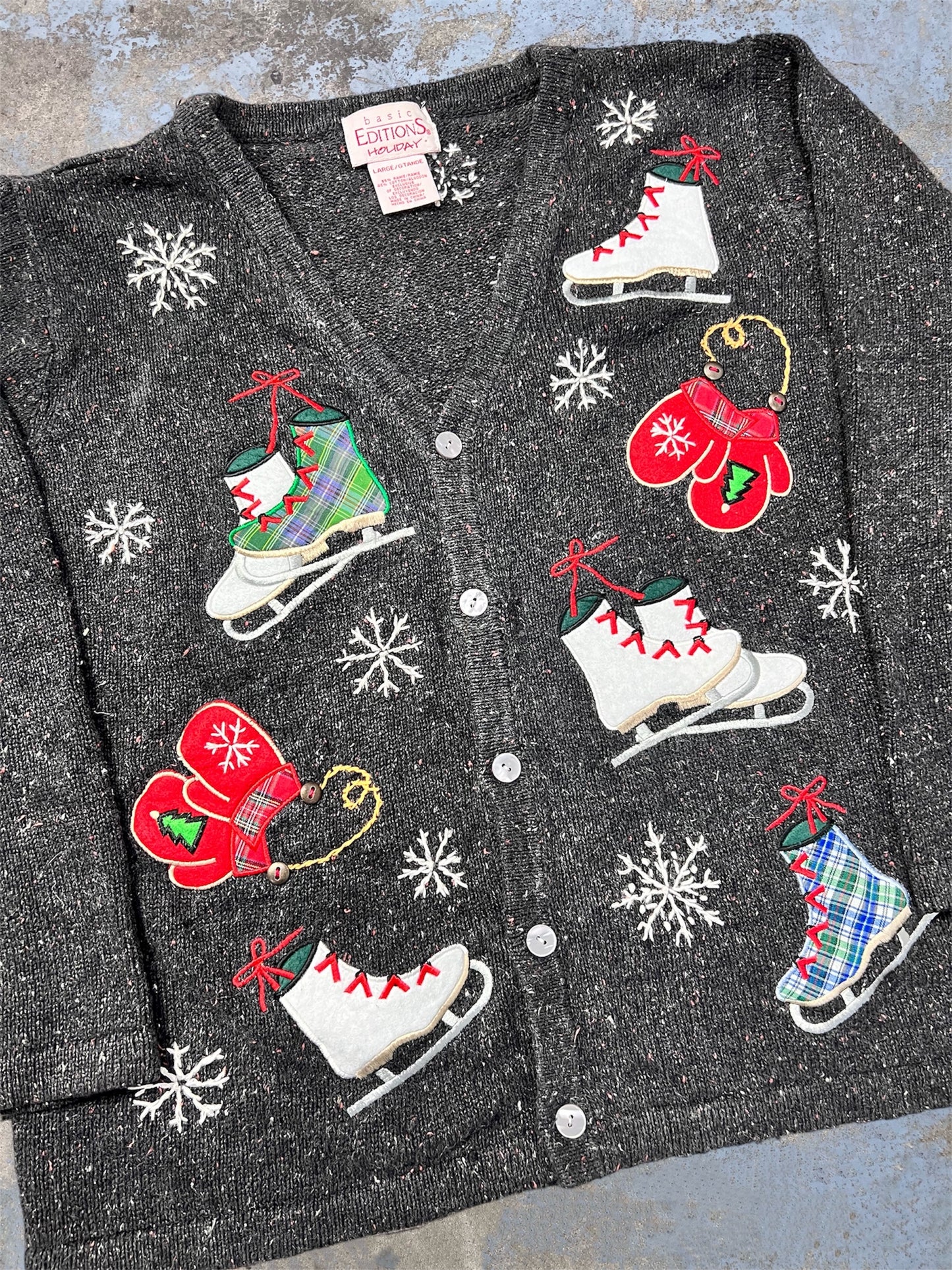 Vintage Embroidered Ice Skate & Mitten Holiday Themed Knit Cardigan