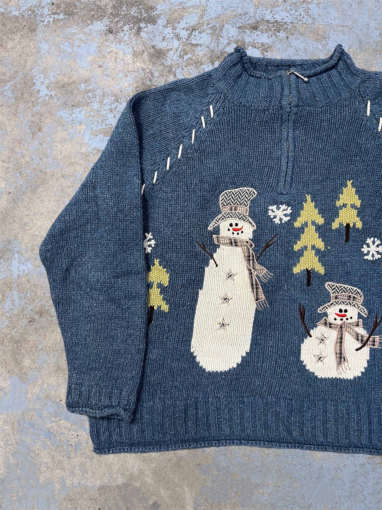 Vintage Quarter Zip Knit Snowman Sweater