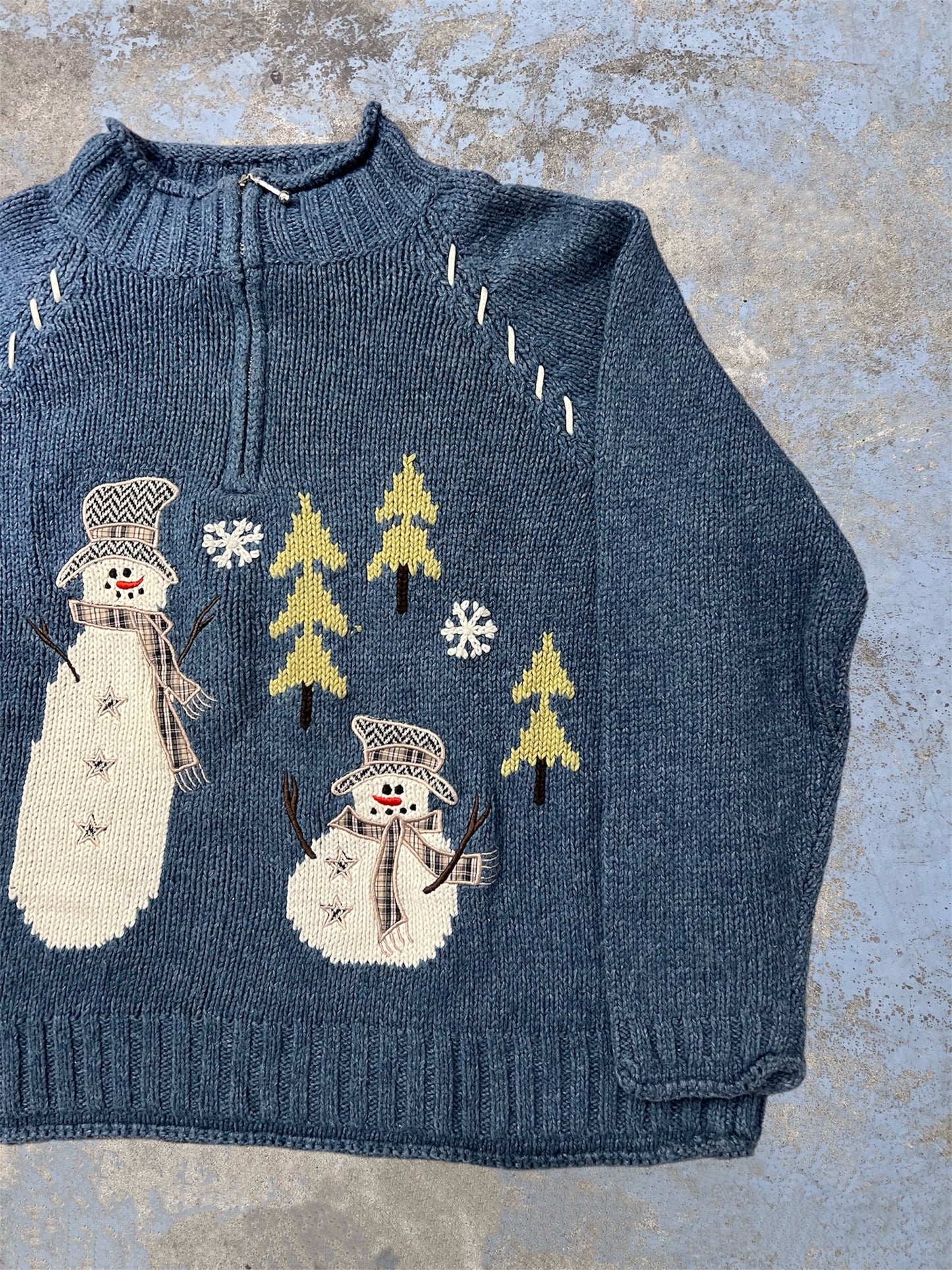 Vintage Quarter Zip Knit Snowman Sweater