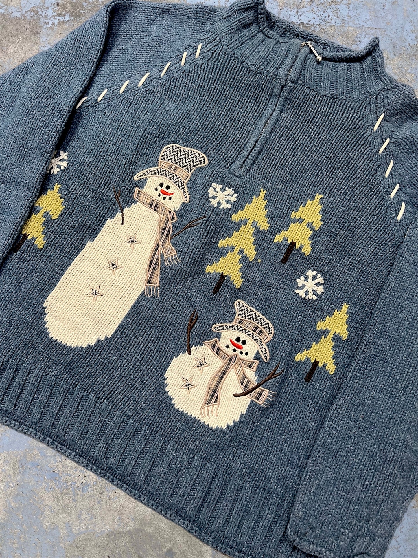 Vintage Quarter Zip Knit Snowman Sweater