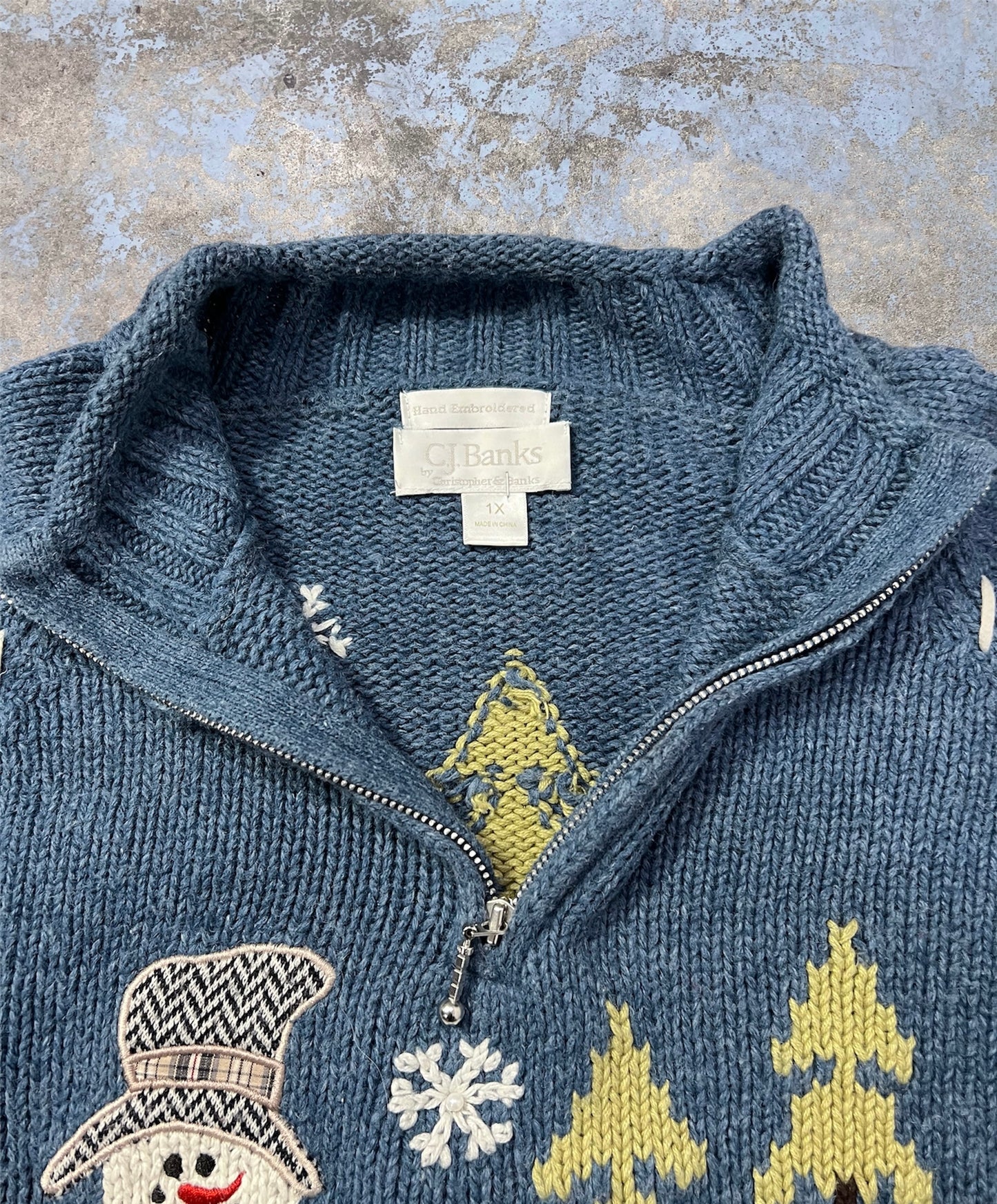 Vintage Quarter Zip Knit Snowman Sweater