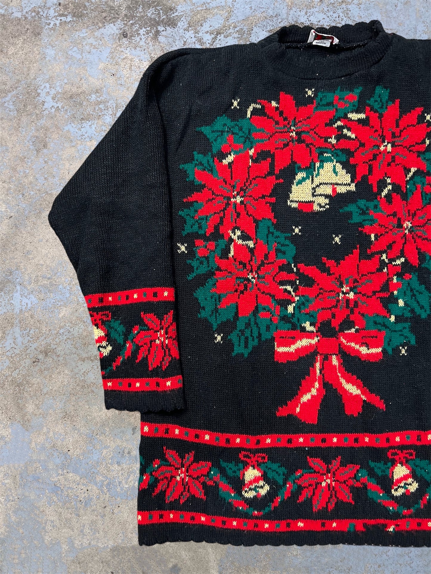 Vintage Poinsettia Wreath Knit Mock Neck Holiday Themed Sweater