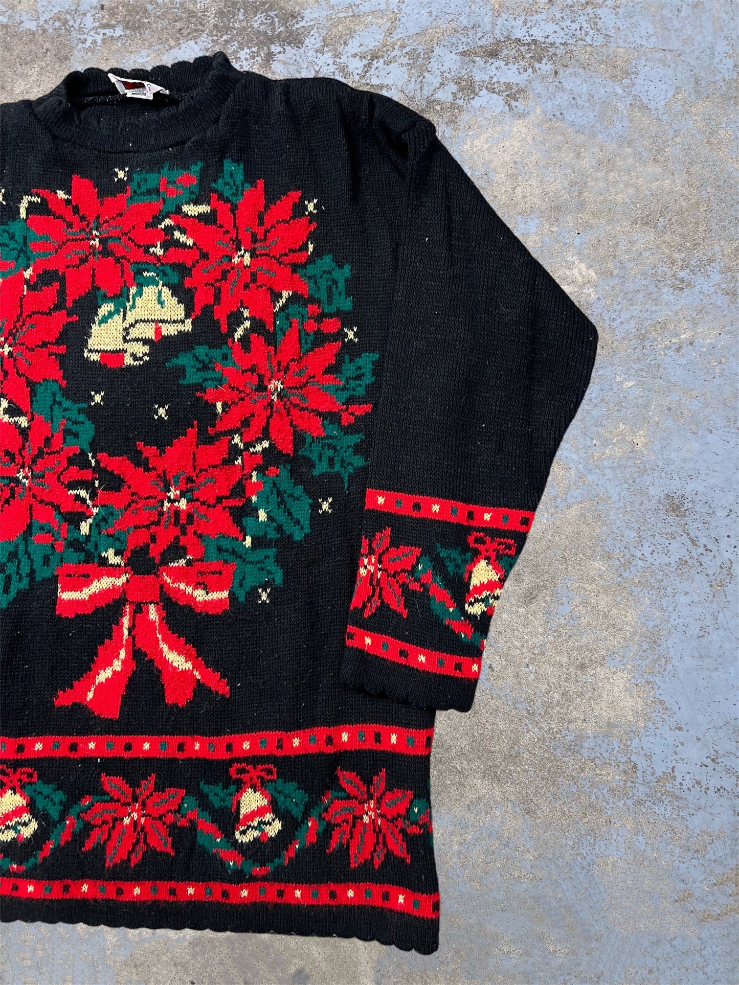 Vintage Poinsettia Wreath Knit Mock Neck Holiday Themed Sweater