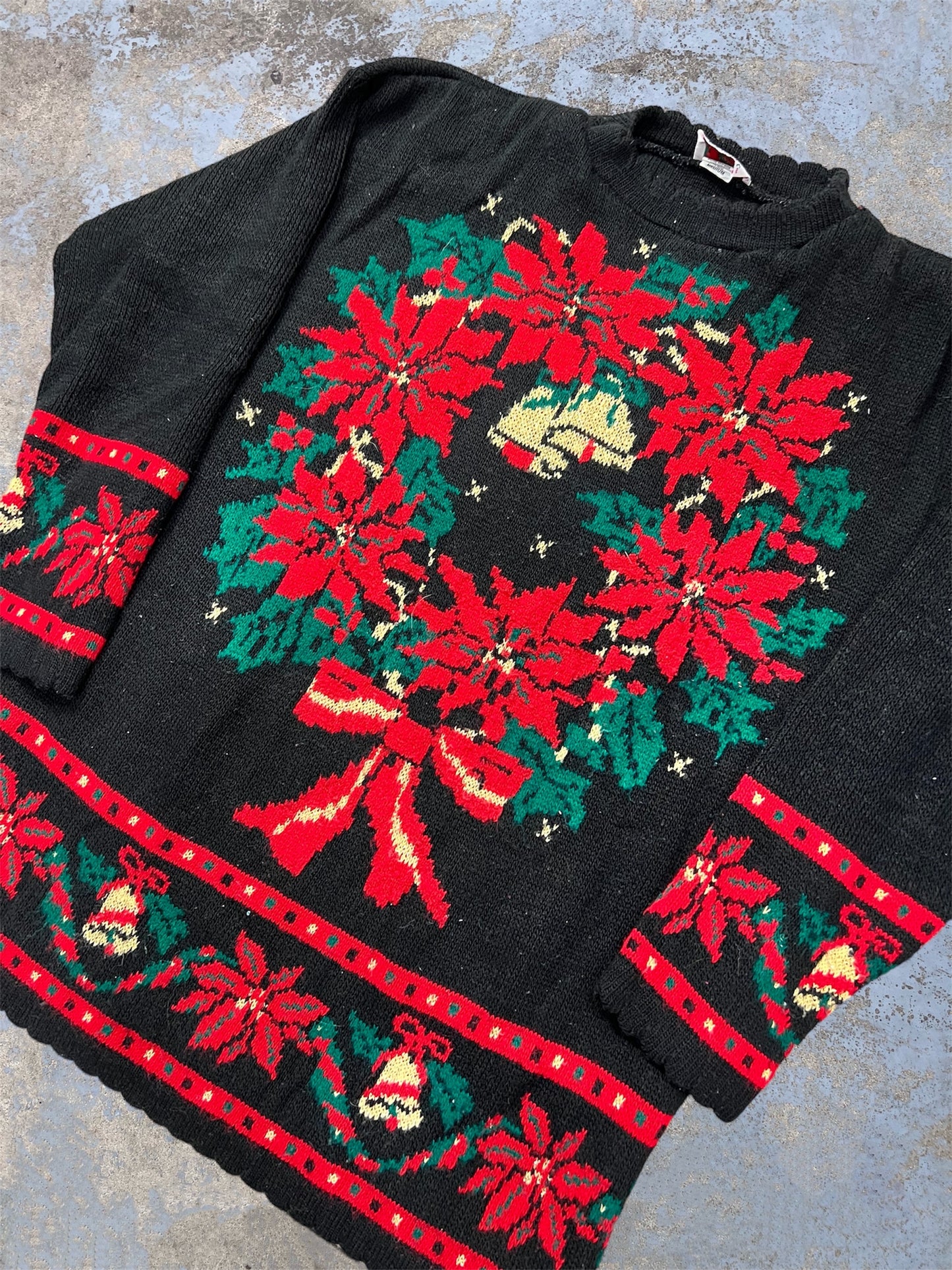 Vintage Poinsettia Wreath Knit Mock Neck Holiday Themed Sweater