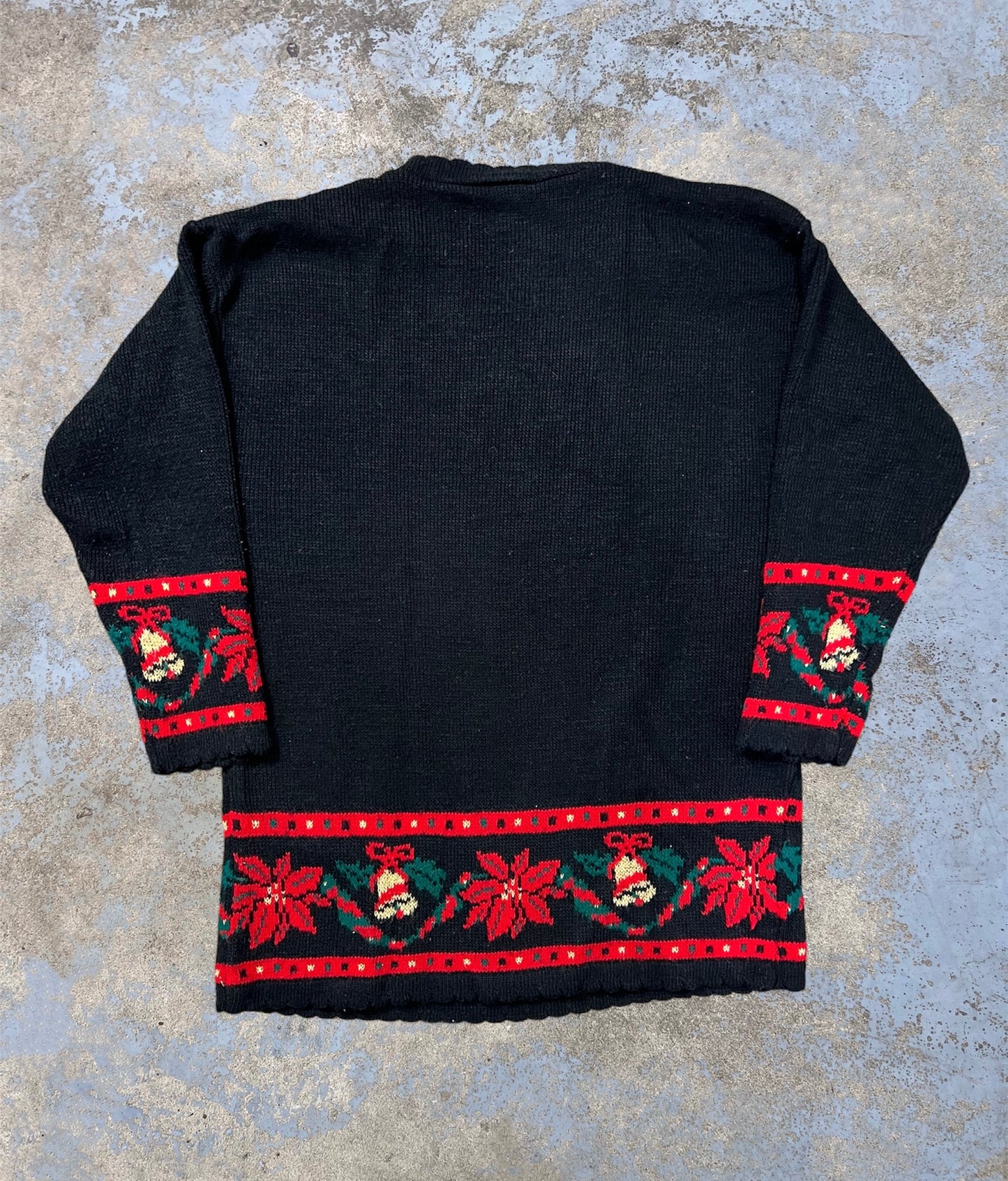 Vintage Poinsettia Wreath Knit Mock Neck Holiday Themed Sweater