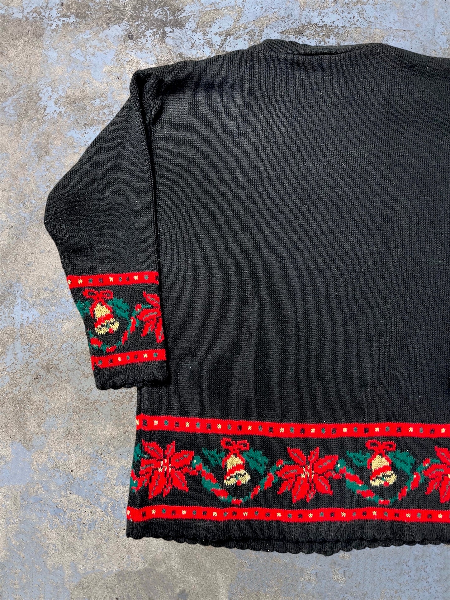 Vintage Poinsettia Wreath Knit Mock Neck Holiday Themed Sweater