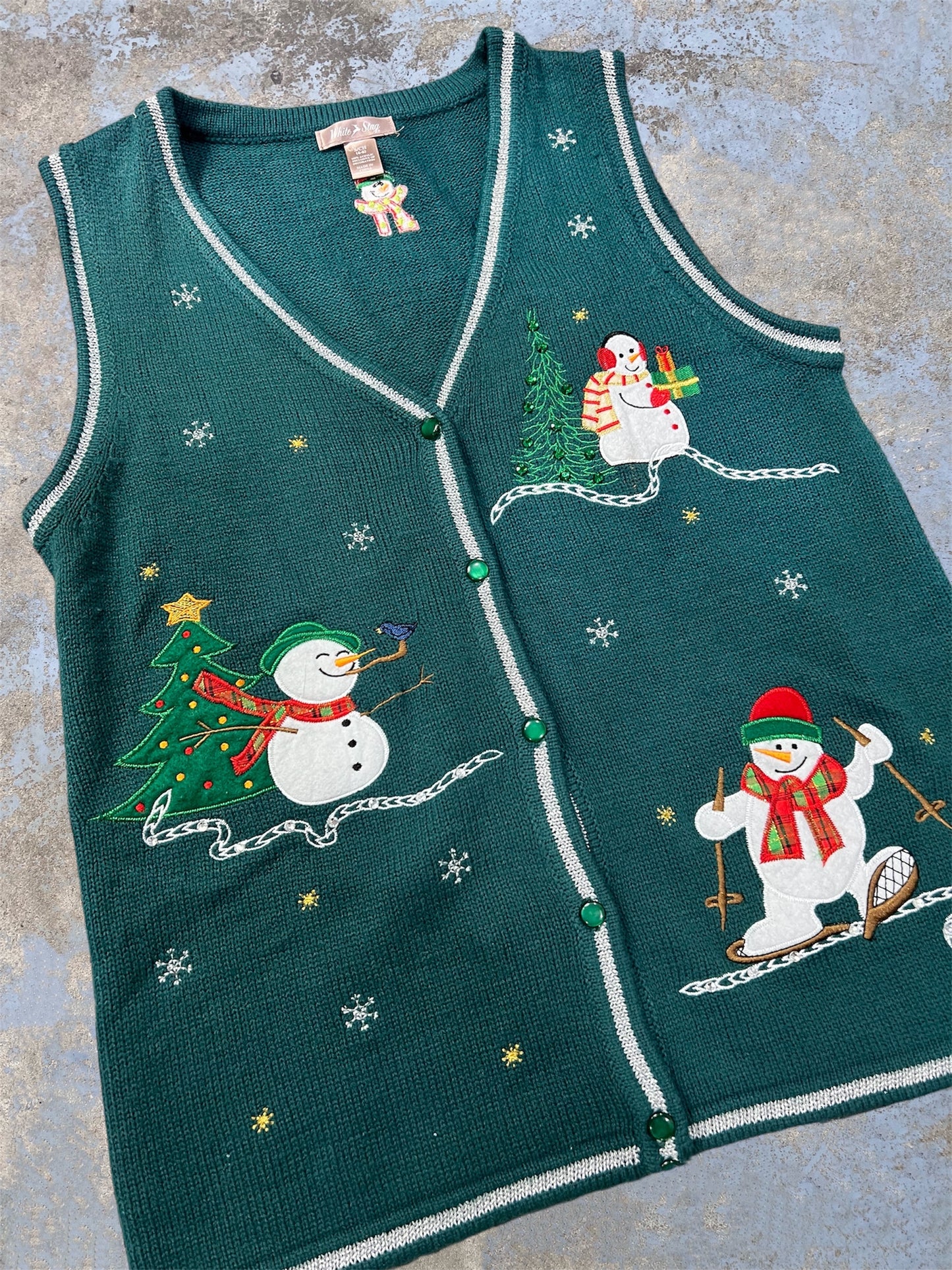 Vintage Embroidered Holiday Skiing Snowmen Themed Vest