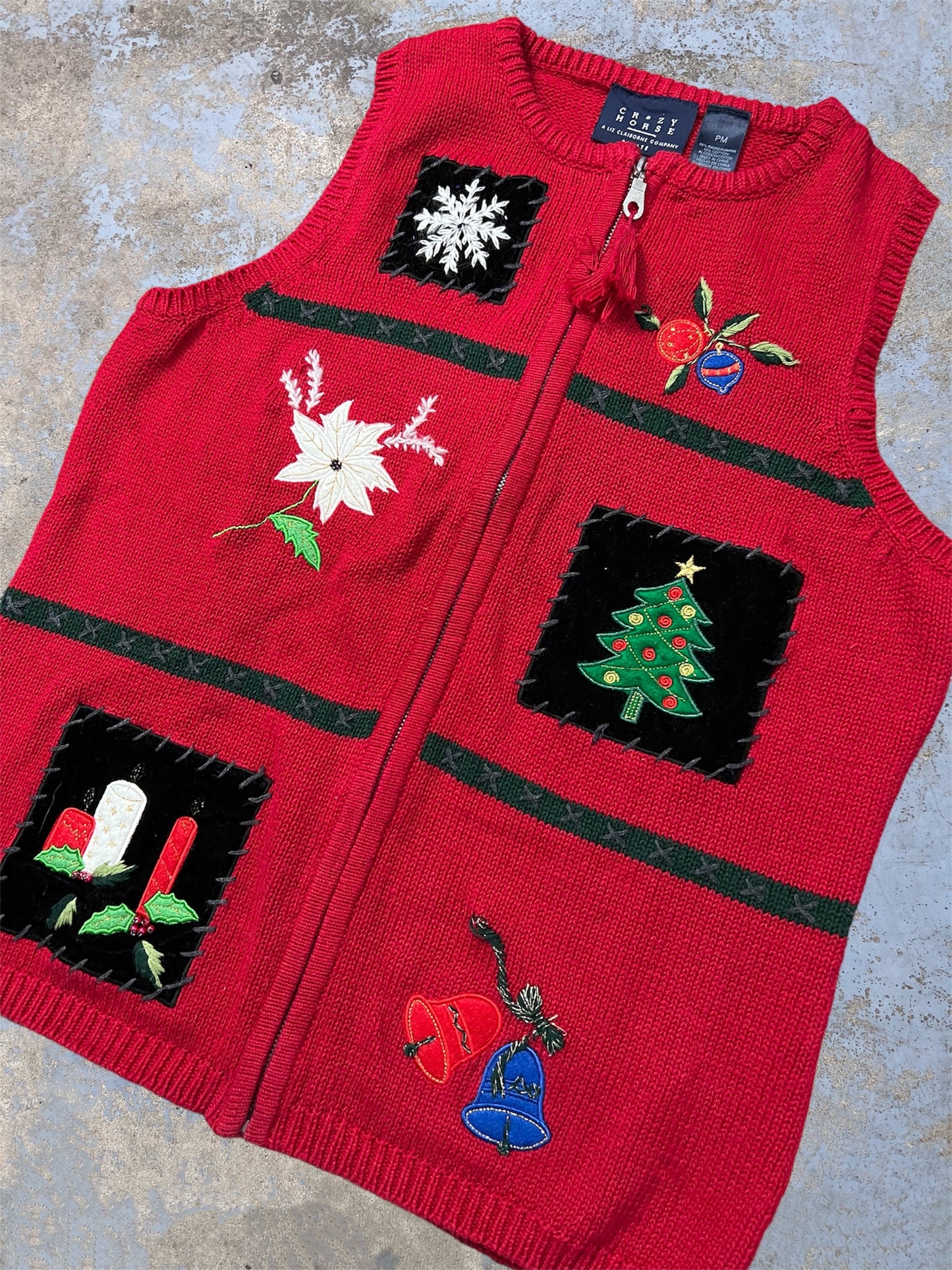 Vintage Embroidered Holiday Patchwork Themed Zip Up Knit Vest