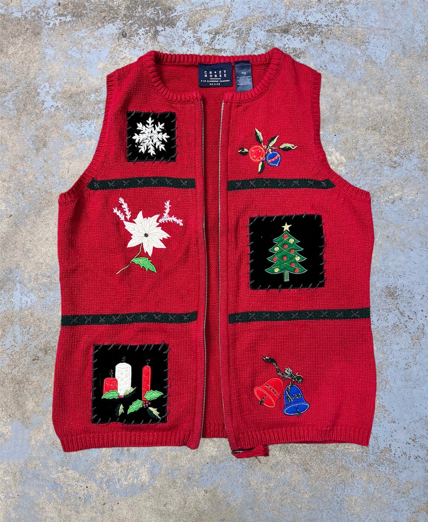 Vintage Embroidered Holiday Patchwork Themed Zip Up Knit Vest