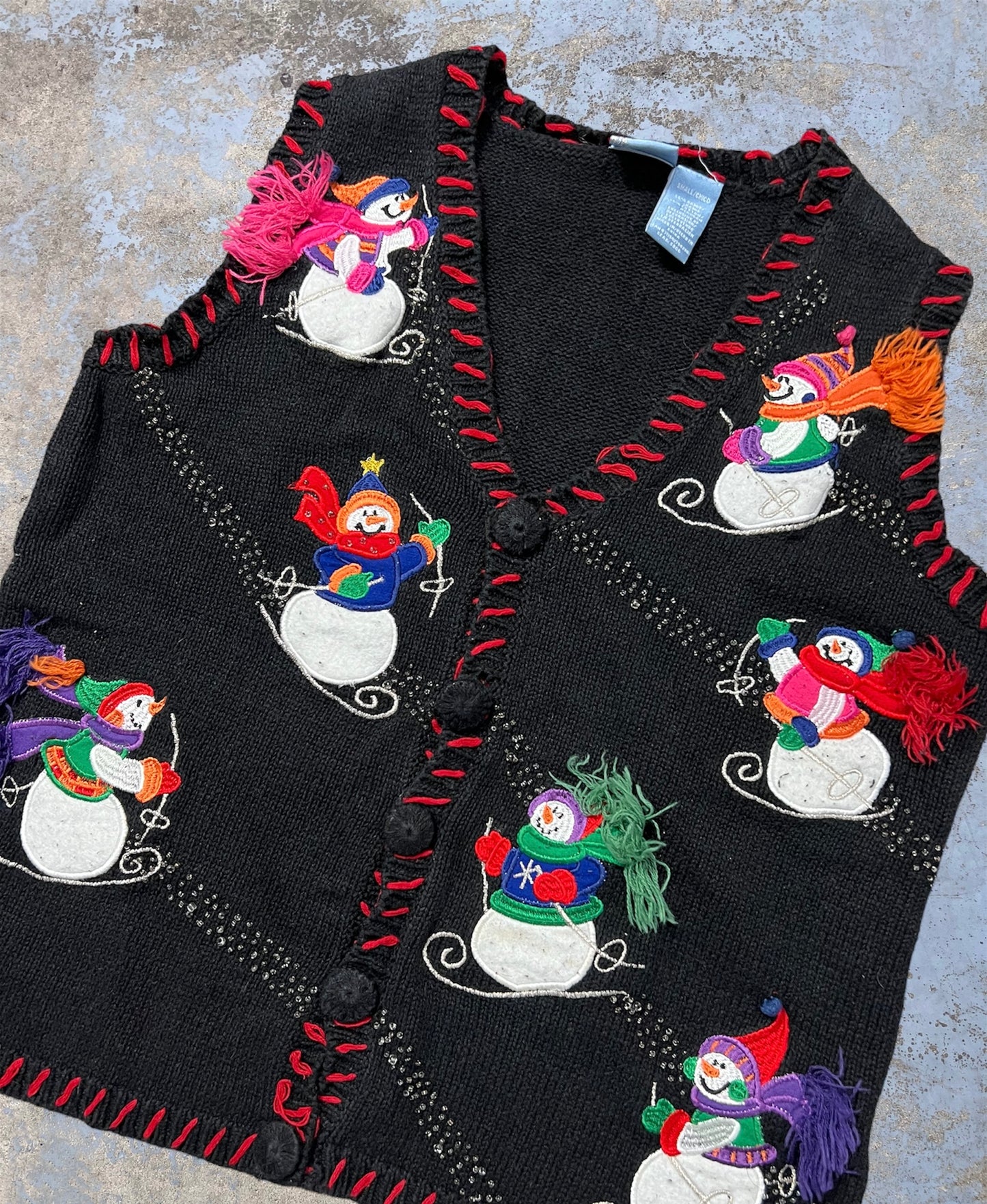 Vintage Holiday Embroidered Skiing Snowmen Knit Button Up Vest