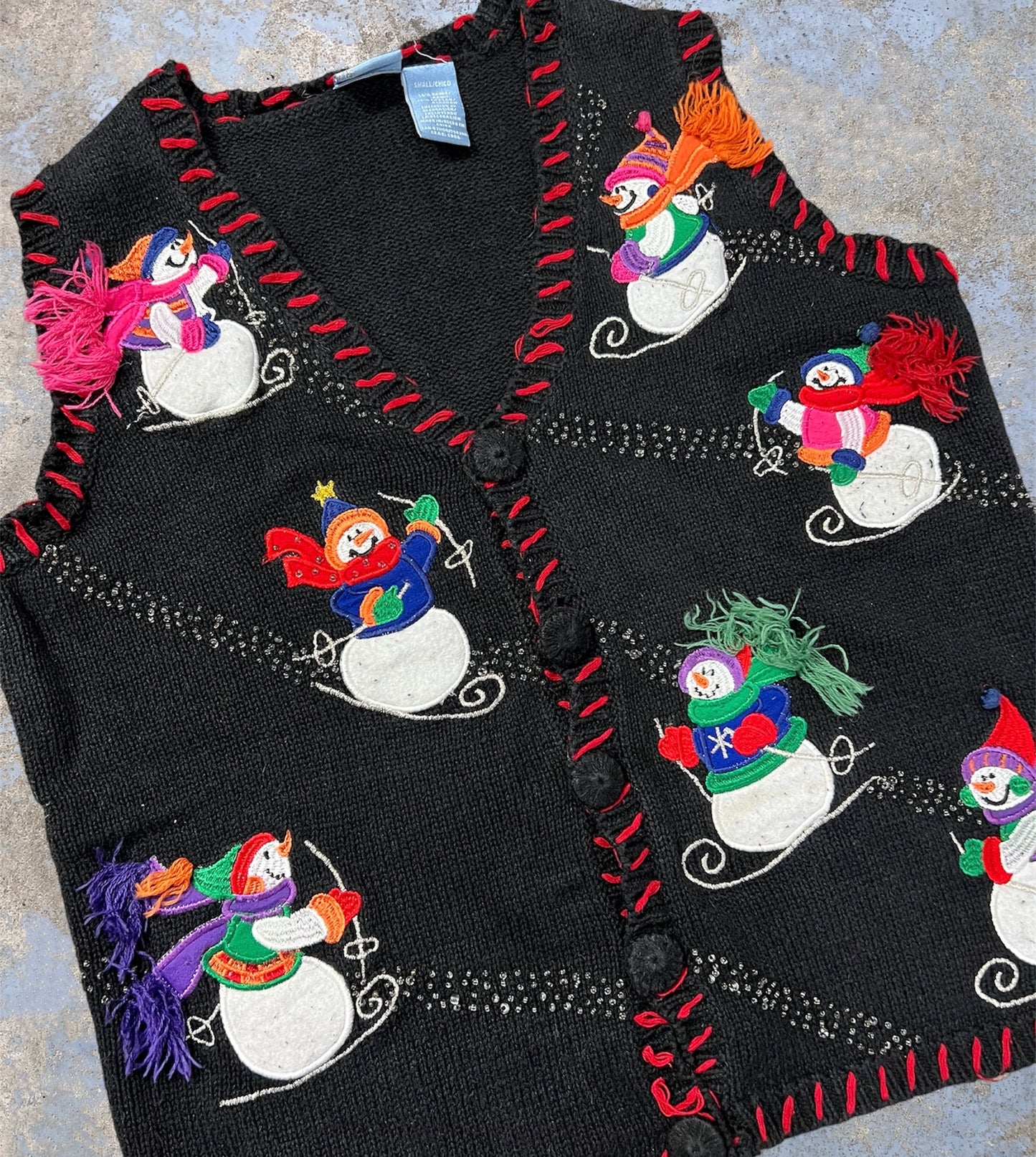 Vintage Holiday Embroidered Skiing Snowmen Knit Button Up Vest