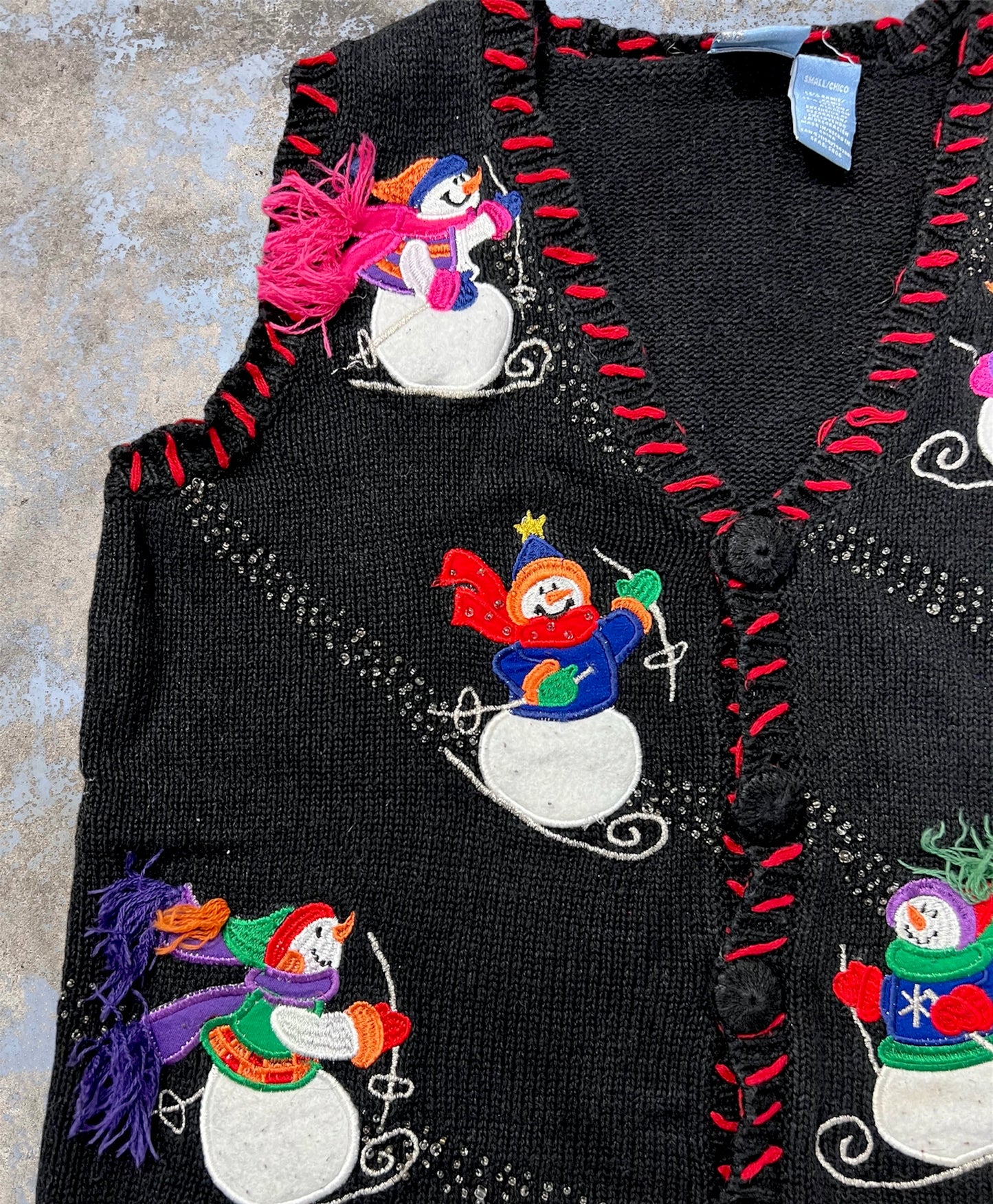 Vintage Holiday Embroidered Skiing Snowmen Knit Button Up Vest