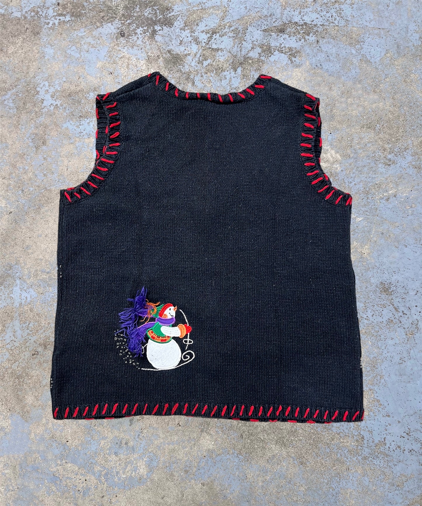 Vintage Holiday Embroidered Skiing Snowmen Knit Button Up Vest