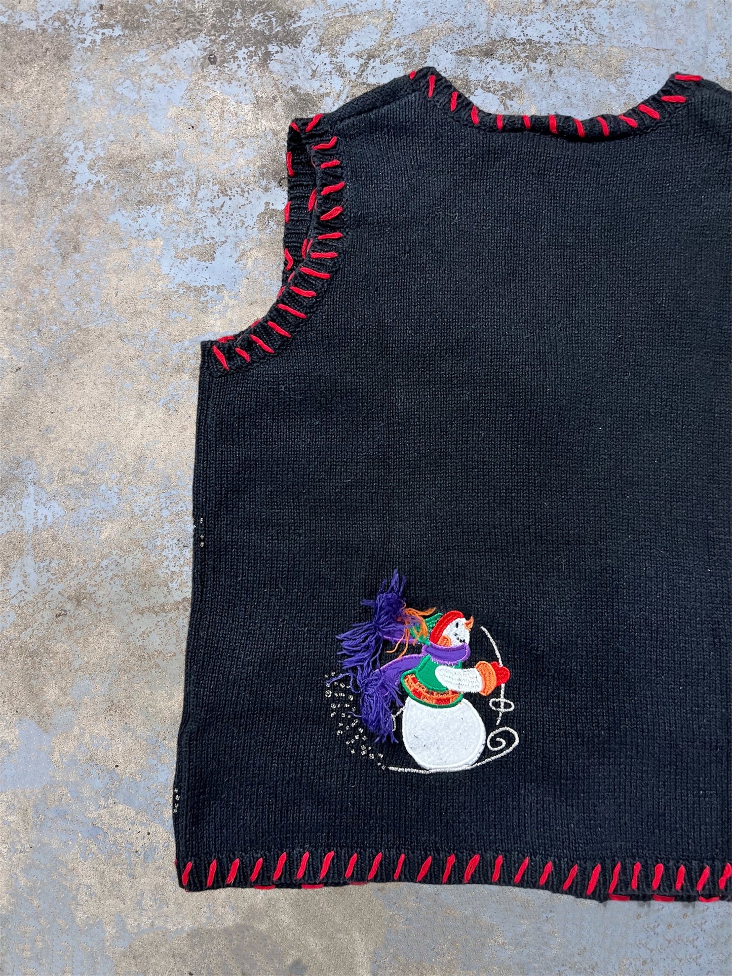 Vintage Holiday Embroidered Skiing Snowmen Knit Button Up Vest