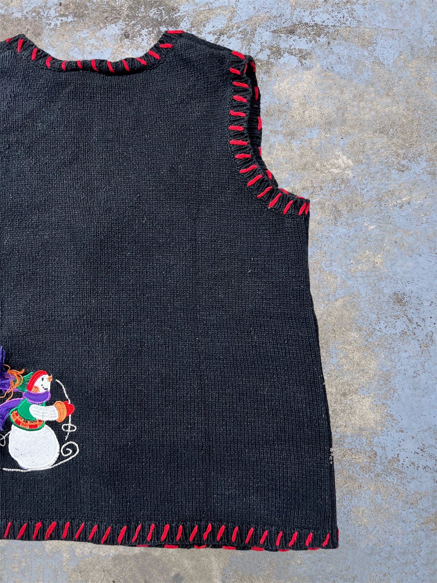 Vintage Holiday Embroidered Skiing Snowmen Knit Button Up Vest